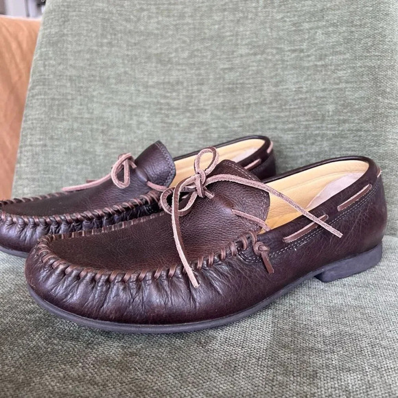 UGG‎ Men's Brown Hendricks Grizzley Slip On Leather Moccasin Loafer Size 10 - Picture 1 of 11